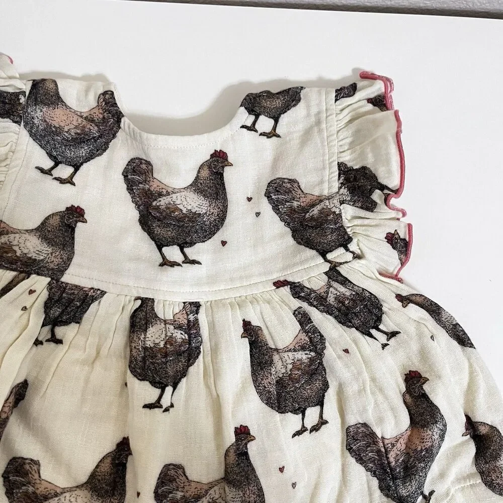 Pink Chicken Dress and Bloomers Set Chickens Print Gauze Girls Size 12-18 Months